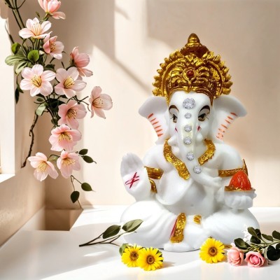 Adhvik Marble Dust Mukut 2 Hand Sitting Ganesha/Bappa with Modak for Home Decoration Decorative Showpiece  -  9 cm(Marble, White, Gold)