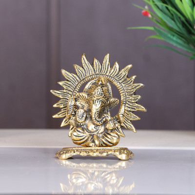 KridayKraft Mini Ganesh ji with chakar Antique Finish,Metal Ganesha Statue, Decorative Showpiece  -  9 cm(Aluminium, Gold)