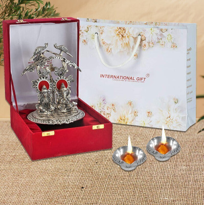 INTERNATIONAL GIFT Silver Plated Laxmi Ganesh Tree Idol With 2 Diya | Box & Bag | For Pooja, Mandir Decorative Showpiece  -  21 cm(Aluminium, Silver)