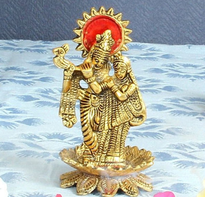 Rci Handicrafts Shri Radha Krishna Playing Fluet Lotus Idol Statue Show Piece for Pooja Home Decorative Showpiece  -  8 cm(Brass, Multicolor)