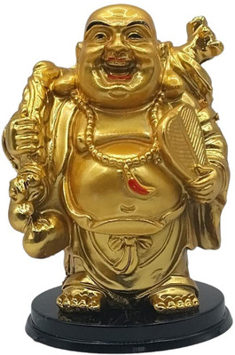 Tej Gifts Cheerful Laughing Buddha Along with Money/Potely Bag for wealth and good luck Decorative Showpiece  -  10 cm(Resin, Gold)