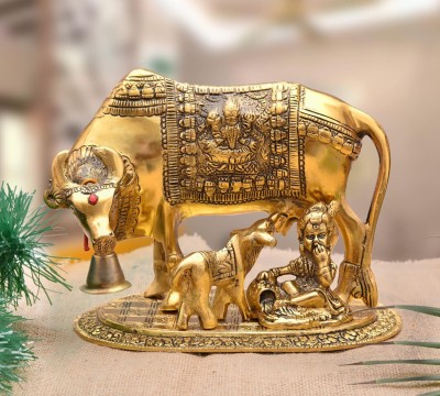 DARIDRA BHANJAN Kamdhenu Cow, Calf & Krishna Idol, Cow and Calf idol, Cow and Calf Statue Decorative Showpiece  -  13 cm(Brass, Gold)