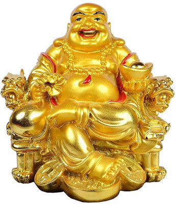 Enchantations Feng Shui Laughing Buddha Sitting On Chair Ingot Decorative Showpiece  -  7 cm(Polyresin, Gold)