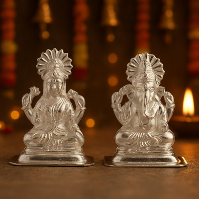 Guarantee Ornament House Laxmi Ganesh Silver Plated Murti For Diwali Gift puja decoration Decorative Showpiece  -  9 cm(Silver Plated, Metal, Silver)