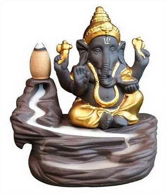 BZILO Smoke Golden Ganesh Backflow Incense Burner with 10 Backflow Cones/Dhoop W8 Decorative Showpiece  -  12 cm(Polyresin, Gold)