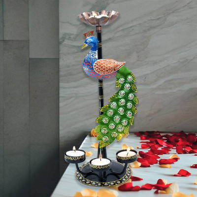 IRONAIKA Peacock candle light { 12 Inch High) Decorative Showpiece  -  28 cm(Iron, Green, Gold)