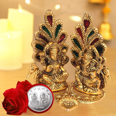 Kitlyn Divya Shakti Laxmi Ganesh Statue Diya (Peacock Design) murti for home decor/gift Brass Table Diya(Height: 5.2 inch)