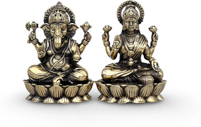 VIYURA Brass Lakshmi Ganesha Idol Set | 2.75 Inch | Antique Finish Lotus Base Home Decorative Showpiece  -  6.8 cm(Brass, Gold)