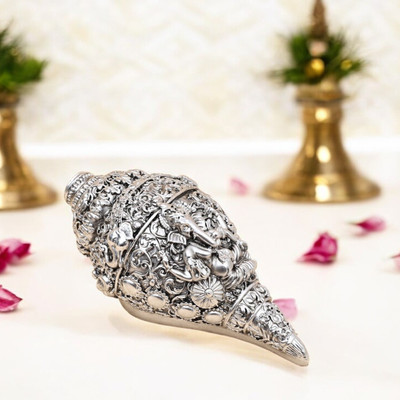 Natriel Pure Gold Silver Plated Ganesh Shankh Premium Decorative Showpiece  -  7 cm(Polyresin, Silver)