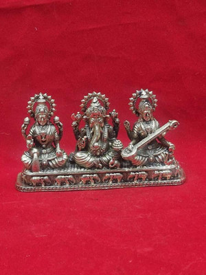 Vishal Murti Puja Bhandar Brass Lakshmi Ganesh Saraswati Idol Set–Antique Finish Hindu God Trio Statue Decorative Showpiece  -  8 cm(Brass, Gold)