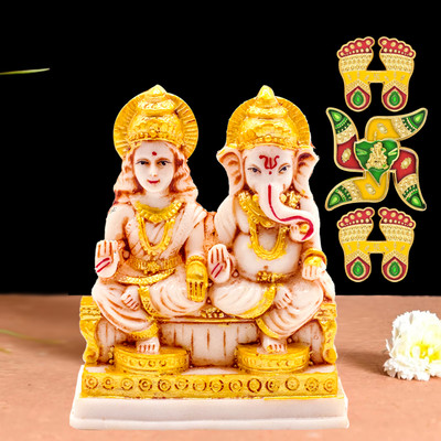 NOKTUS Maa Lakshmi With God Ganesha Statue - Lakshmi ji Feet (Charan) - Swastik Sticker Decorative Showpiece  -  12 cm(Clay, Beige)