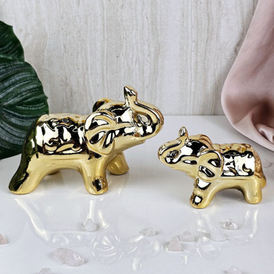 Satyam Kraft 1 Set Golden Elephant Ceramic Showpiece for Home Decor(2 Pcs) Decorative Showpiece  -  11 cm(Ceramic, Gold)