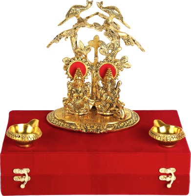 GIFTCITY Laxmi Ganesh Murti Under Tree Peacock With 2Pcs Diya And 1beautiful Red Box Decorative Showpiece  -  18 cm(Metal, Gold Plated, Gold)