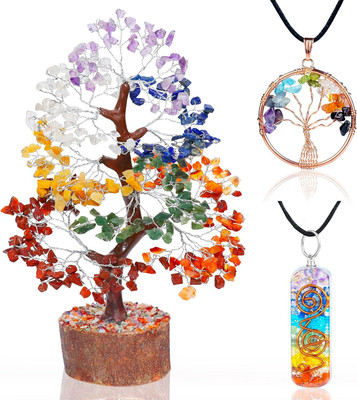 VIBESLE Seven Chakra Tree of Life - Crystal Tree for Positive Energy - 7 Chakra Tree Decorative Showpiece  -  25 cm(Stone, Multicolor)