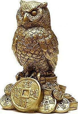 Alphabettm Feng Shui Owl Standing on a Pile of Coins Idol Statue for Good Luck Decorative Showpiece  -  10 cm(Brass, Gold)