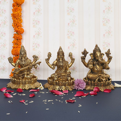 utsavicraft Religious Hindu Dieties Laxmi Ganesh Saraswati Puja Statues Decorative Showpiece  -  15 cm(Brass, Gold)
