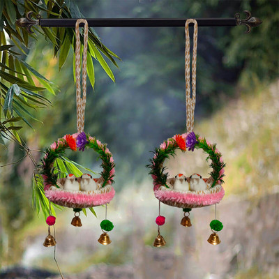 Arsh Variety Store Home Décor Artificial Hanging Jute Birds Nest with Bell for Balcony Garden Combo Decorative Showpiece  -  26 cm(Jute, Plastic, Feather, Pink)