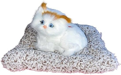 Bogenlite Open Eye Cat Plush Toy with Sound – Cute Dashboard & Desk Decoration Toy Decorative Showpiece  -  15 cm(Fabric, Brown, White)