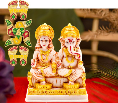 NOKTUS Laxmi Ganesh showpiece set With 2 Pair Laxmi ji Feet (Charan), 1 Swastik Sticker Decorative Showpiece  -  12 cm(Marble, Gold)