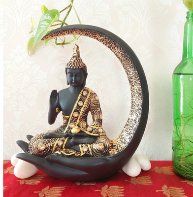 Mag Creation Meditating Buddha with Crescent Moon I Home Decor I Gifting I Height 10 inch Decorative Showpiece  -  25.4 cm(Polyresin, Black, Gold)