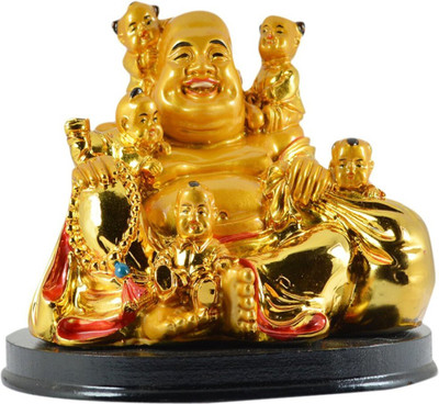 GJ Laughing Buddha With Children Decorative Showpiece  -  10.5 cm(Polyresin, Gold)