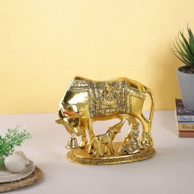 CraftVatika Kamdhenu Cow With Krishna Idol Metal Set Of 5 Calf Decorative Showpiece  -  17.7 cm(Metal, Gold)