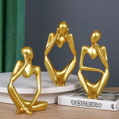 TIED RIBBONS Set of 3 Modern Art Man Showpiece Abstract Thinker Statue for Home Decor Items Decorative Showpiece  -  13 cm(Resin, Gold)