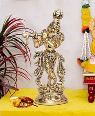 Hastcraft Lord Krishna Playing Flute/Murli Standing Statue Religious Figurine, Decorative Showpiece  -  22 cm(Metal, Gold)