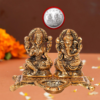 NOKTUS Divya Shakti Laxmi Ganesh Idol With Diya (Laxmi-Ganesh Coin) Decorative Showpiece  -  10 cm(Metal, Gold)