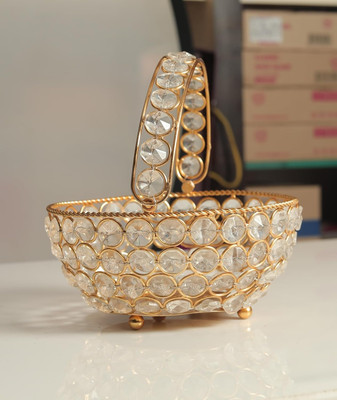 Decorvia Golden Crystal Decorative Basket with Handle Decorative Showpiece  -  8 cm(Metal, Gold)