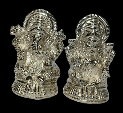 hb traders Lakshmi Ganesh / GOLD Decorative Showpiece  -  7 cm(Aluminium, Silver)