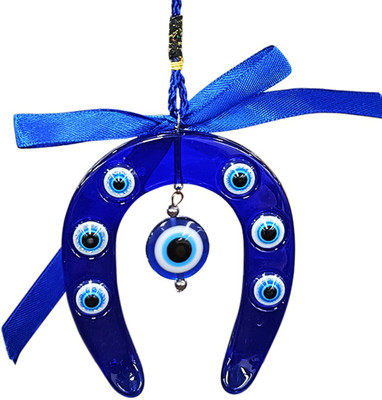 Shubhanjali Blue Evil Eye Crystal Vastu Nazar Suraksha Evileye Double Horseshoe Ghode Ki Naal Thread Wall Hanging for Car & Door/Office Hanging for Good Luck and Prosperity Decorative Decorative Showpiece  -  6.9 cm(Stone, Blue)