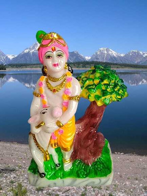 RAMASITA Idol Krishna Murti Playing Flute & Cow Statue-Hindu God and Goddess Decorative Showpiece  -  18 cm(Marble, Multicolor)