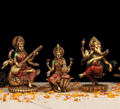 Banshi Handicrafts and Arts Lakshmi Ganesha Saraswati Statue Decorative Showpiece  -  22 cm(Polyresin, Brown)