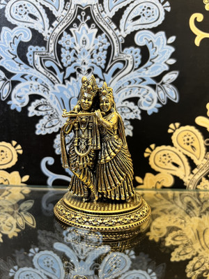 STOX ENTERPRISES Brass Radha Krishna Idol with Oval Base Showpiece Figurine Decorative Showpiece  -  8.89 cm(Brass, Gold)