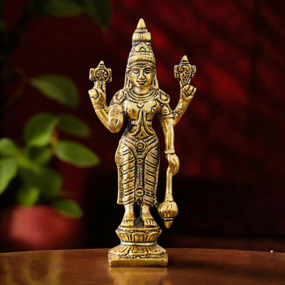 KridayKraft Lord Venkateswara Swami Tirupati Balaji Vishnu JI Murti Idol Holding Club Statue Decorative Showpiece  -  17 cm(Aluminium, Gold)
