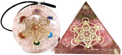 VIBESLE Rose Quartz Orgone Pyramid and Pendant with Seven Chakra Metatron Grid Decorative Showpiece  -  10 cm(Stone, Pink)