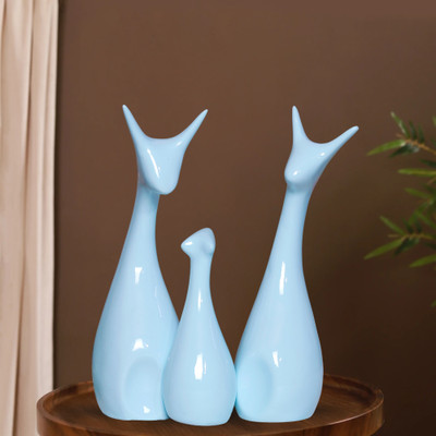 GW Creations Lucky Deer Statue Family Piano Finish Ceramic Figures Deer Couple showpiece Decorative Showpiece  -  25 cm(Polyresin, Blue)