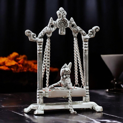 KridayKraft addu Gopal on Jhulla Palana Metal Statue Gold Plated Decorative Showpiece  -  19 cm(Aluminium, Silver)