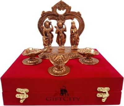 GIFTCITY Copper Lord Ram Darbar Idol Statue With 3 Pcs Hand Shape Diya Under Velvet Box Decorative Showpiece  -  17 cm(Metal, Copper)