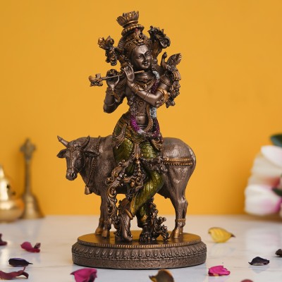 eCraftIndia Lord Krishna Playing Flute with Cow Cold Cast Bronze Resin Decorative Figurine Decorative Showpiece  -  26 cm(Bronze, Brown)