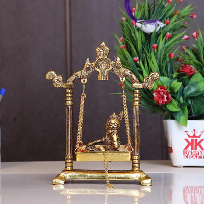 Koolwal craft Laddu Gopal on Jhulla Palana Metal Statue Gold Plated metal Krishna Murti Decorative Showpiece  -  18 cm(Metal, Gold)