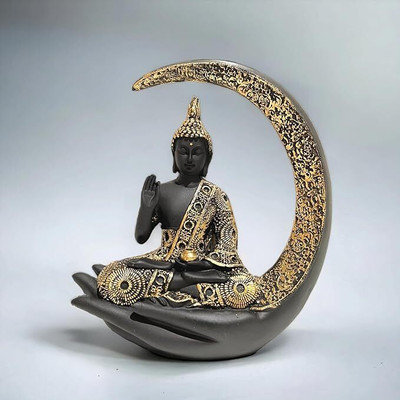 NEELAYA Antique Big Meditating Moon Buddha Statue Idol for Home/Office Decor Figurine Decorative Showpiece  -  23 cm(Polyresin, Black, Gold)