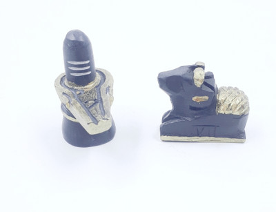 KRAFT CLOUDS Marble Shivling Nandi Ji Set | Stone Gold Colour Painted with Tilak | Small Decorative Showpiece  -  5 cm(Marble, Black)