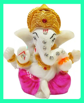 BZILO White Ganesh Murti 3D with Stones Perfect for Car Dashboard Design May Vary B3 Decorative Showpiece  -  6 cm(Polyresin, Multicolor)