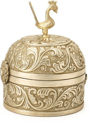 GLAZU German Silver Peacock Sindoor Box with Lid Decorative Showpiece  -  10 cm(Metal, Silver)
