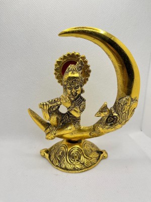 Eleven mart Gold Plated Metal Lord Krishna Sitting On Moon Playing Bansuri Idol Decorative Showpiece  -  5 cm(Metal, Gold)