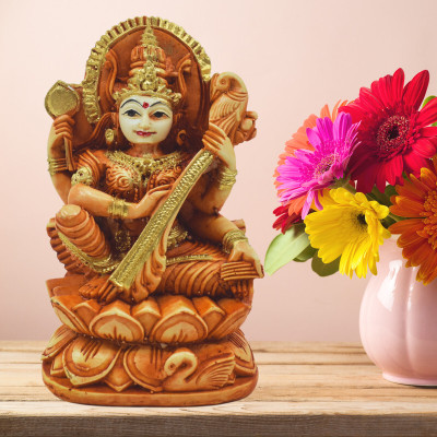 DIVINEDECOR Artisan-Crafted Goddess Saraswati Idol - Wisdom and Grace Decorative Showpiece  -  10 cm(Ceramic, Orange)