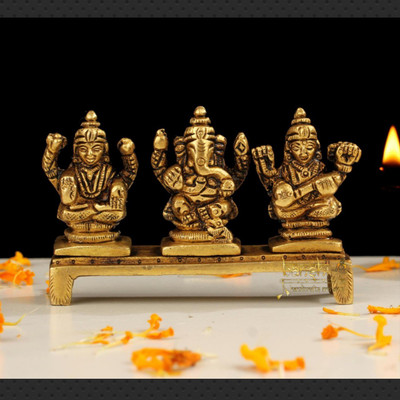 Banshi Handicrafts and Arts 05CM Brass Lakshmi Ganesh Saraswati Statue on Base Decorative Showpiece  -  5 cm(Brass, Gold)