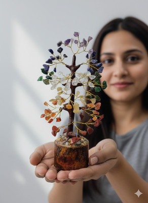 MIRAN AGATE Seven Chakra Crystal Gemstone Tree with Wooden Base for Vastu Decorative Showpiece  -  10 cm(Crystal, Multicolor)